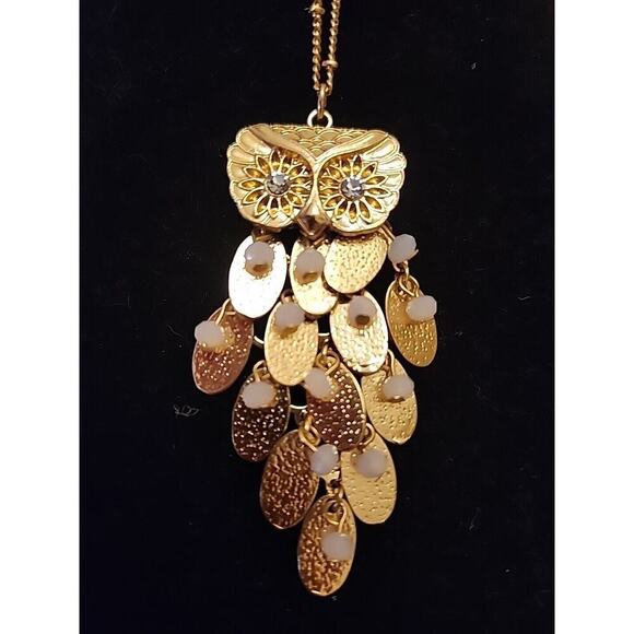 Articulated Owl GoldTone Rhinestone Eyes Chain Pendant Necklace Charming Charlie - Picture 1 of 5